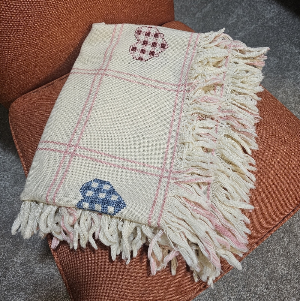 Vintage Monogram Crosstich Throw Blanket With Hearts